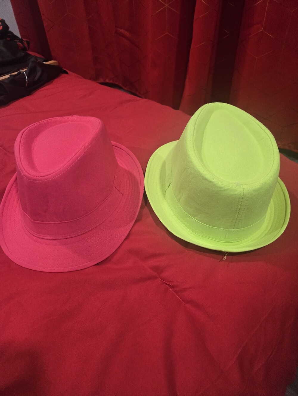 Neon Pink and Neon Green Fedora Hats - New! Bought For An 80s Cruise!  Unbranded
